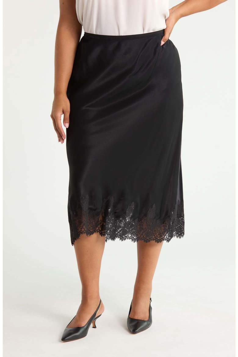 Lace Trim Satin Midi Skirt, Main, color, BLACK