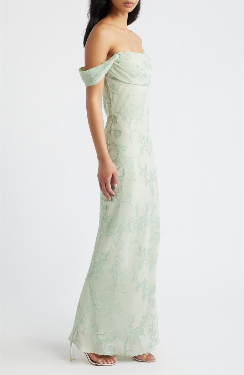 Princess Polly Azura Off the Shoulder Floral Burnout Gown, Alternate, color, Green Burnout