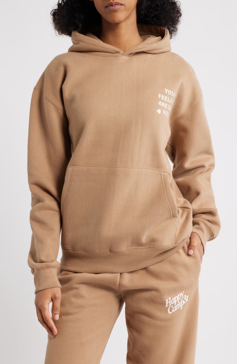 HAPPY CAMP3R Feelings Are Safe Here Hoodie, Main, color, Almond