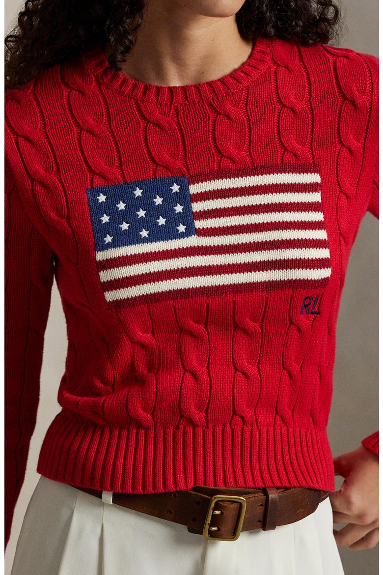 Flag Intarsia Cable Stitch Crewneck Sweater, Alternate, color, RED