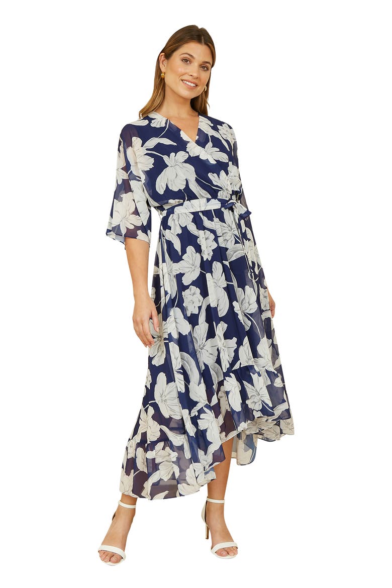 Midi Dip Hem Wrap Dress, Alternate, color, Navy