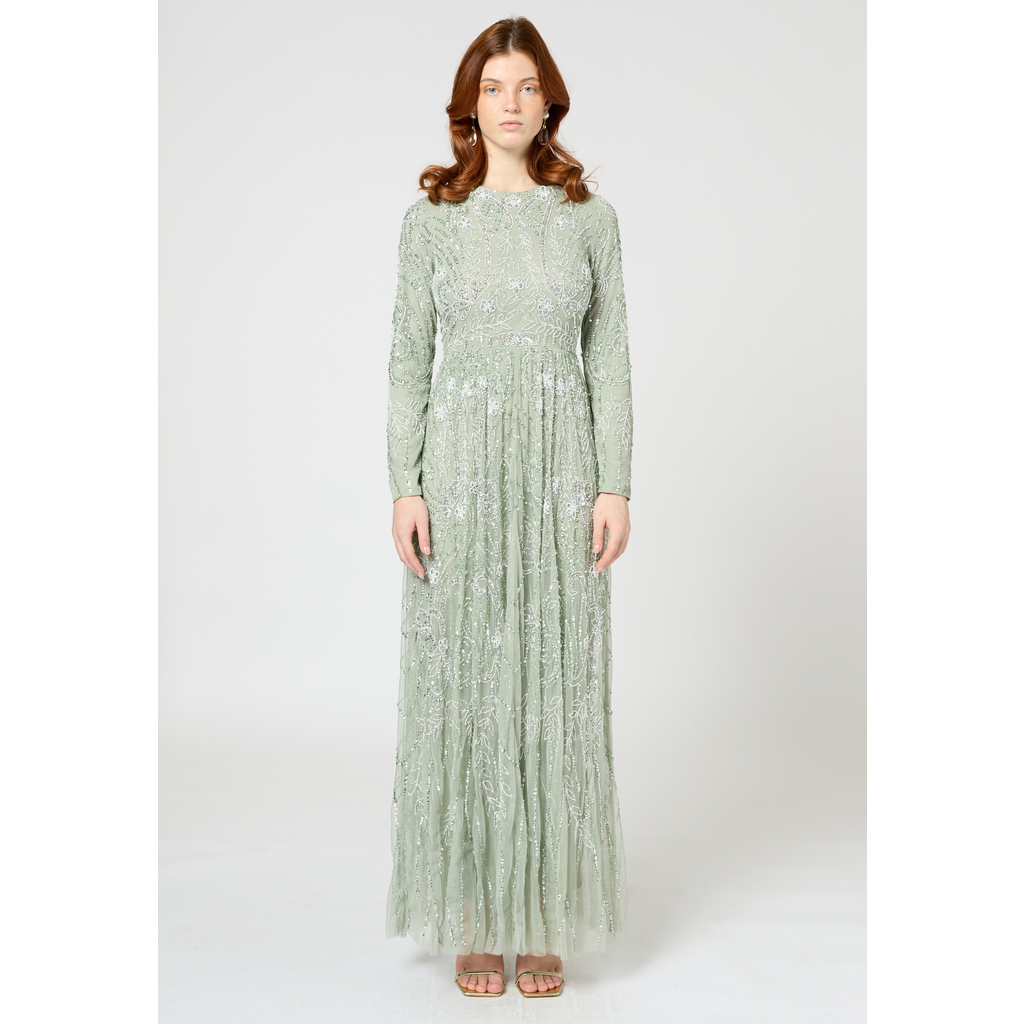 Maryisa Embellished Sequin Beaded Floral High Neck Gown In Sage Green