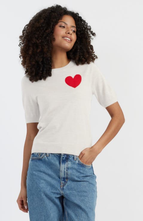 Pure Merino Heart Breton Short Sleeve Sweater