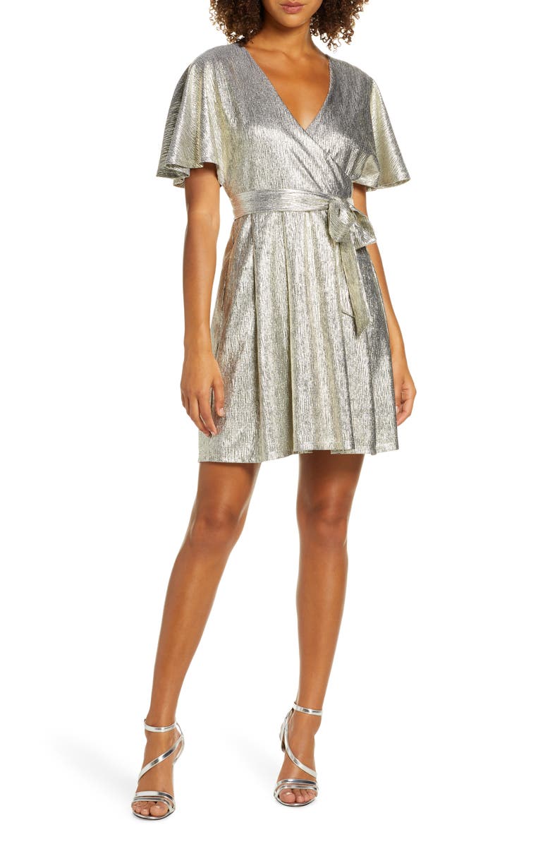 Ever New Metallic Short Sleeve Faux Wrap Dress, Main, color, 