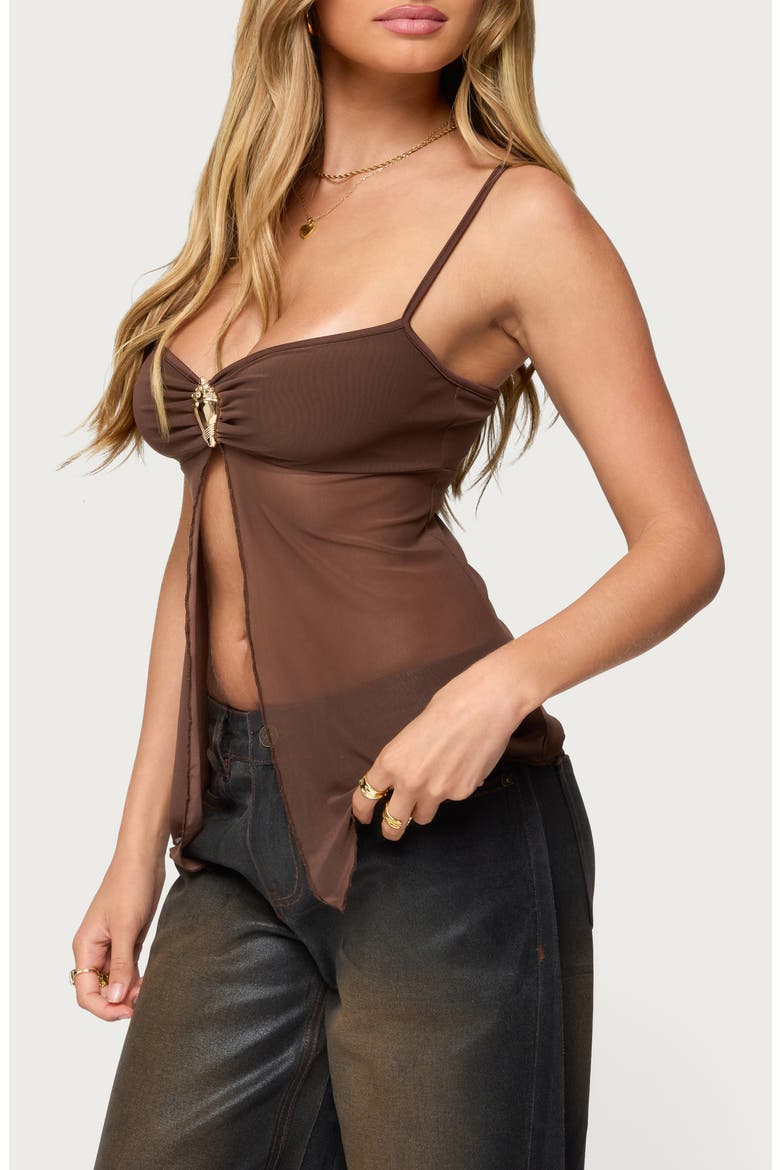 Reeve Split Front Sheer Mesh Top, Alternate, color, BROWN