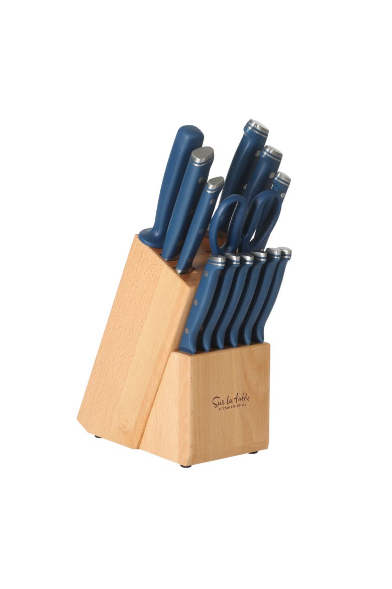 14-Piece German Steel Forged Knife Block Set with Beechwood Block, Main, color, Blue