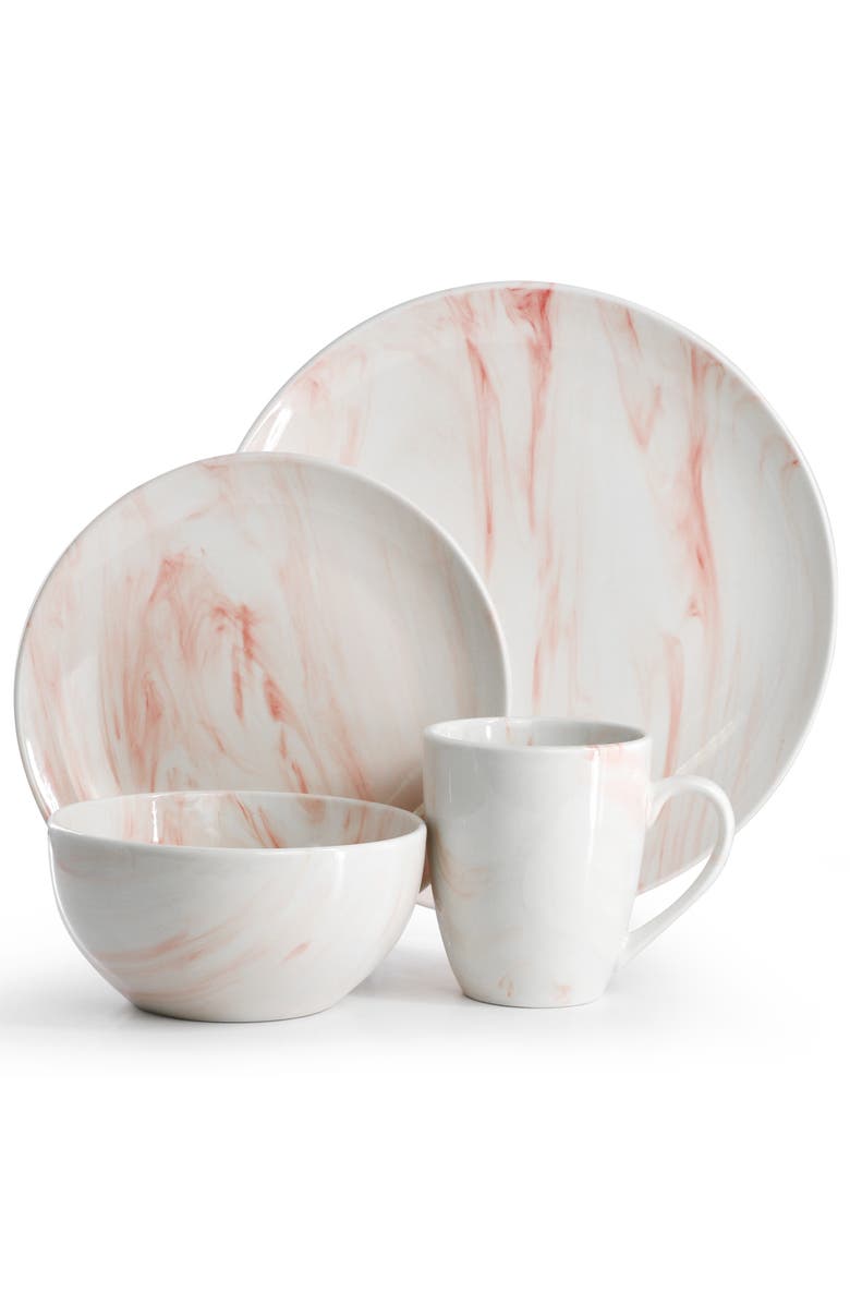 Elama Fine Marble 16 Piece Porcelain Dinnerware Set, Alternate, color, Red