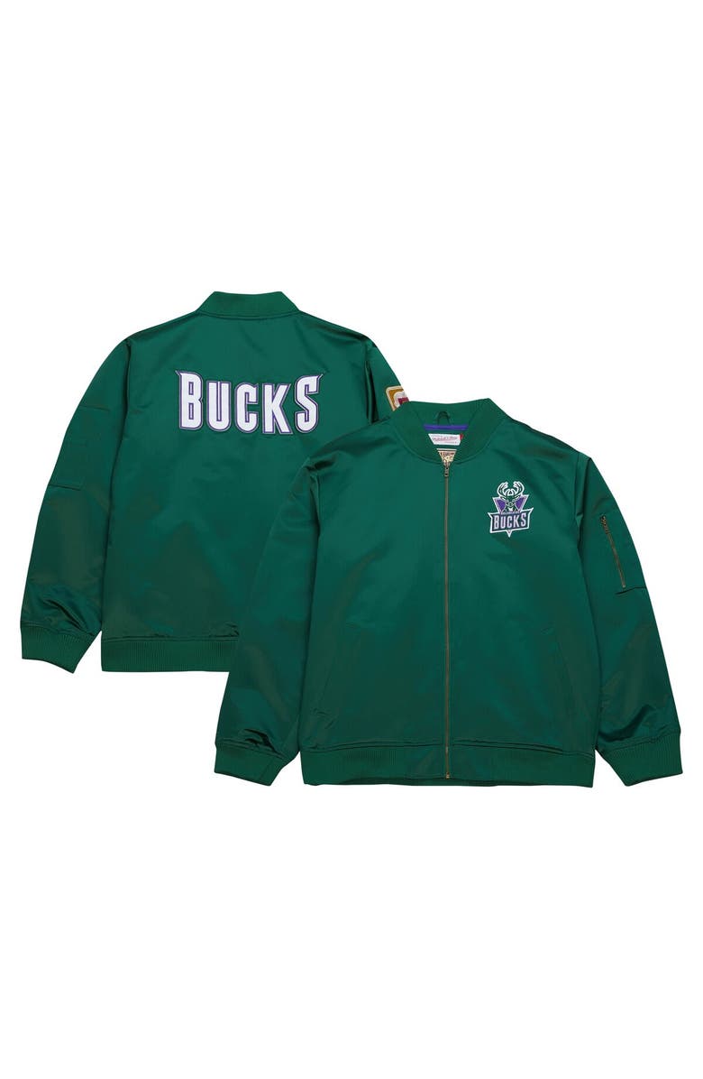 Mitchell & Ness Men's Mitchell & Ness Green Milwaukee Bucks Hardwood Classics Vintage Logo Full-Zip Bomber Jacket, Main, color, 