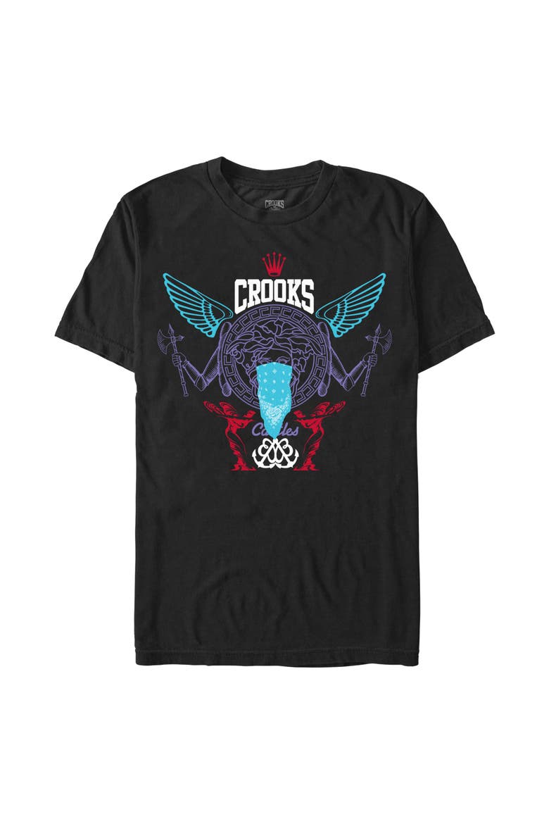 Men's Abstract Medusa Purple and Blue Logo Short Sleeve Graphic T-Shirt, Main, color, Black
