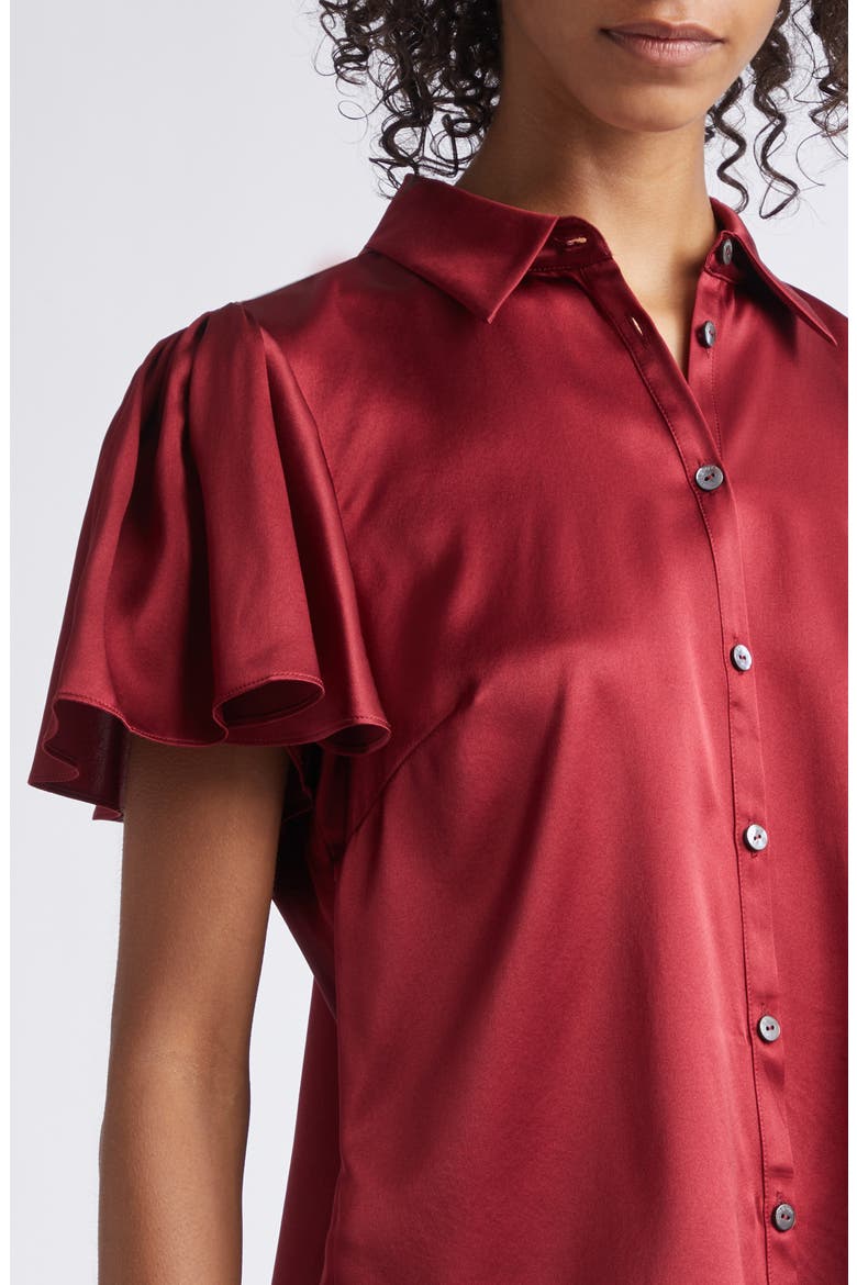 Fiona Flutter Sleeve Silk Satin Button-Up Shirt, Alternate, color, BERRYWINE