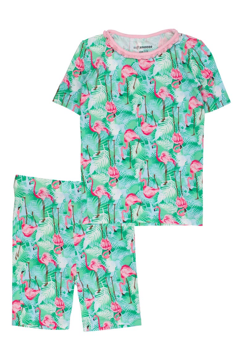 Ruffle Short Sleeve Pajama Set, Main, color, Green Vibrant Flamingo