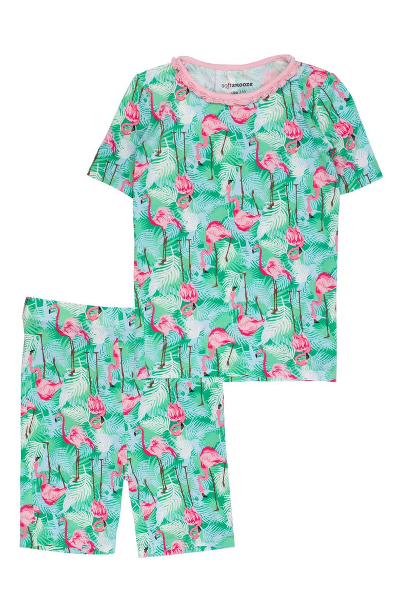 Softsnooze Ruffle Short Sleeve Pajama Set, Main, color, Green Vibrant Flamingo