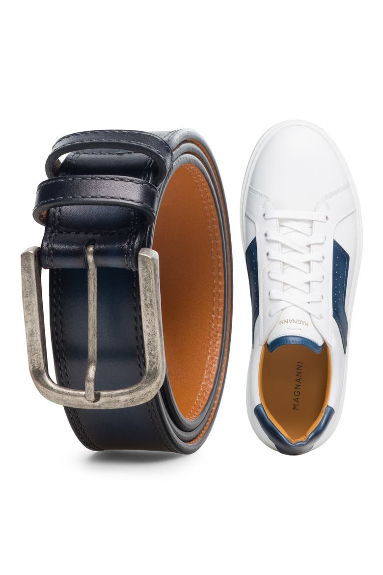 Wayne Burnished Leather Belt, Alternate, color, NAVY