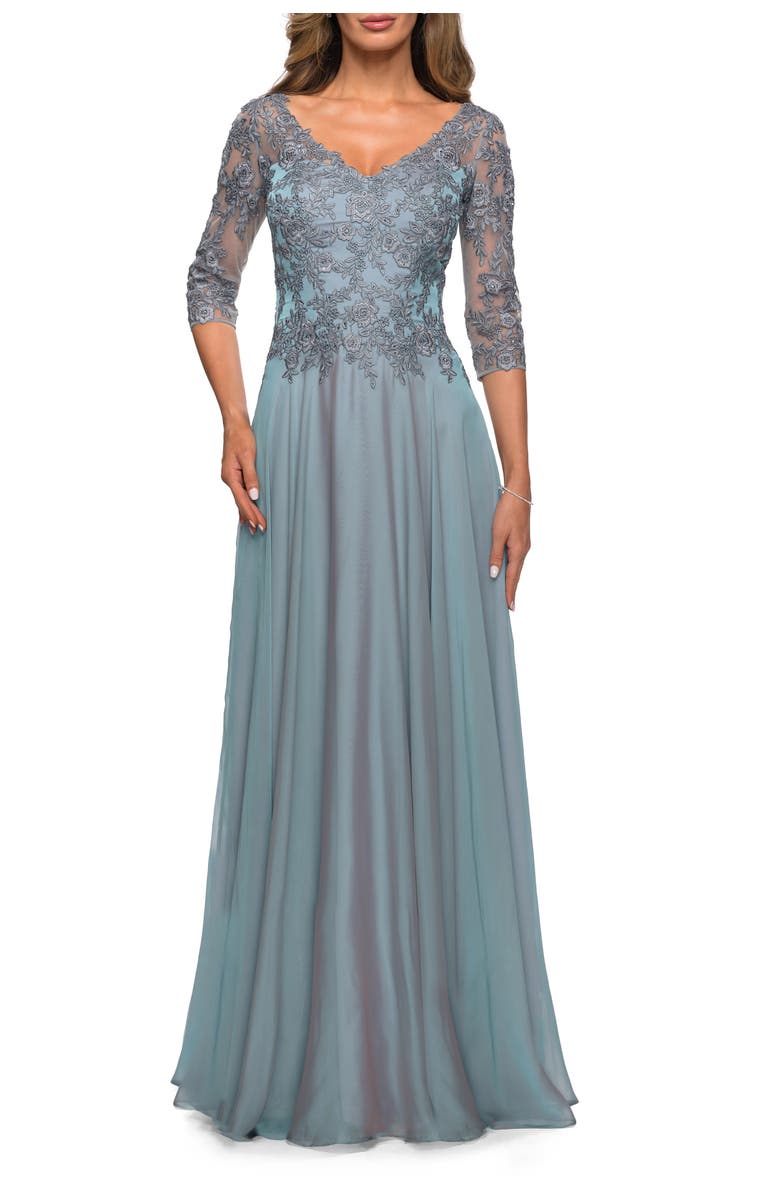 La Femme Chiffon Three Quarter Sleeve Dress with V-Neckline, Main, color, Slate Blue