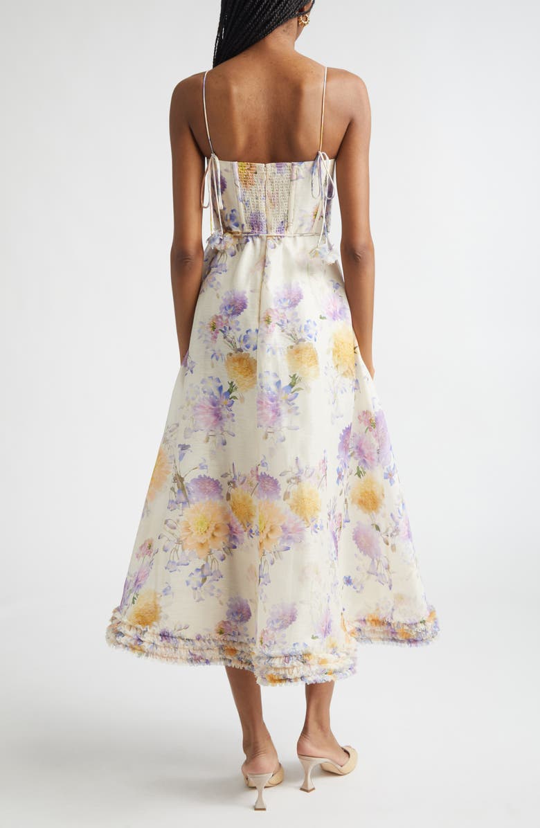 Zimmermann Luna Ruffle Linen & Silk Corset Midi Dress, Alternate, color, Cream Dahlia