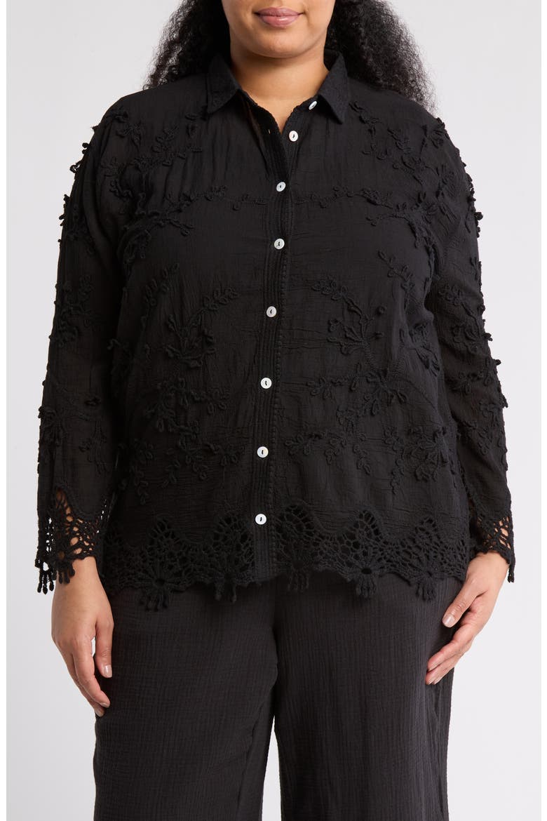 Floral Lace Button-Up Shirt, Main, color, BLACK