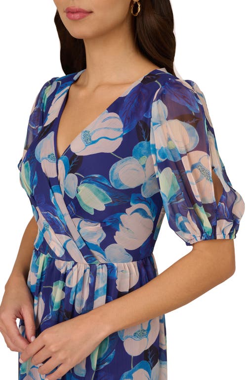 Adrianna Papell Floral Crinkle Chiffon Gown In Blue Multi