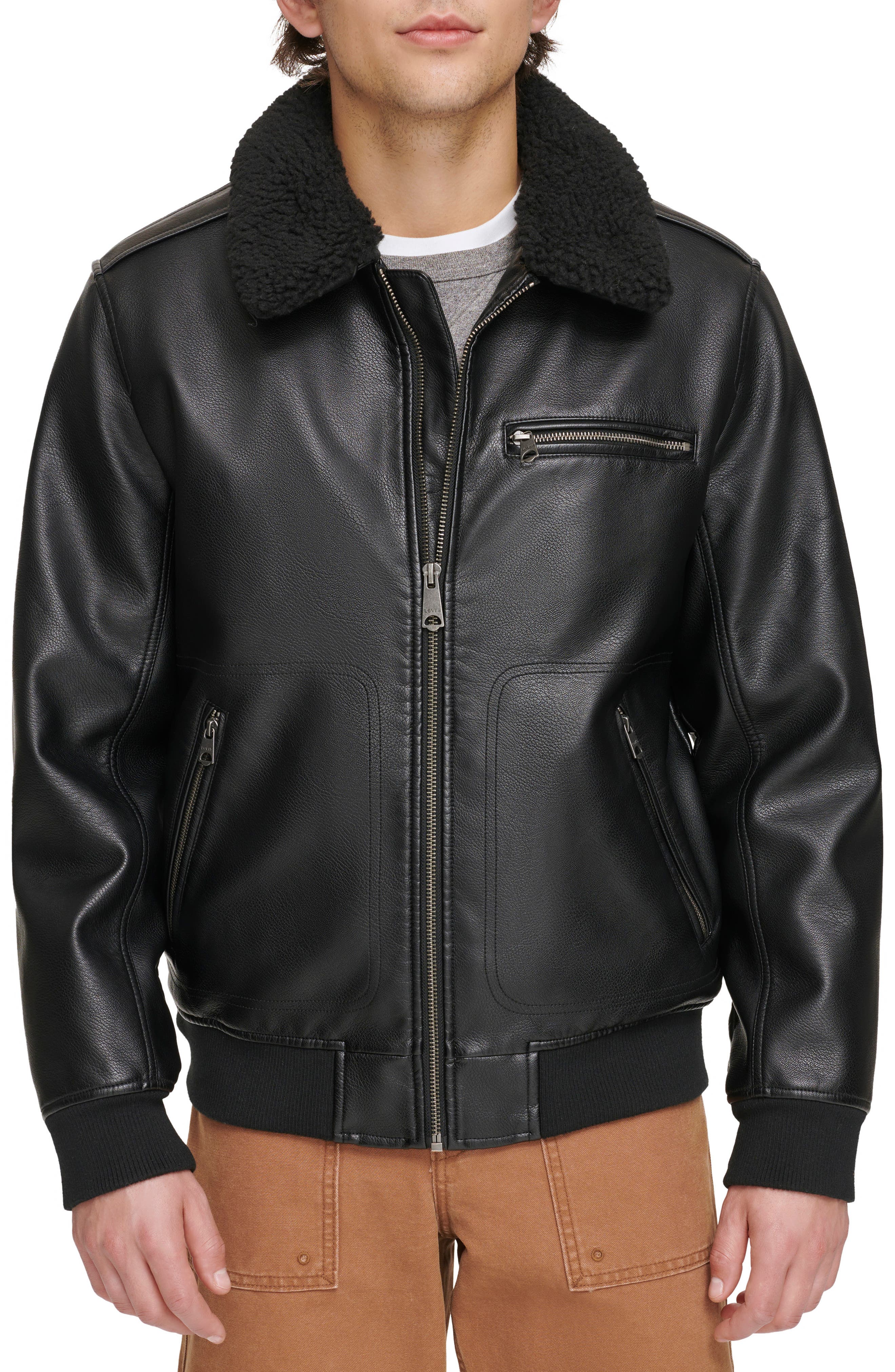 Faux Leather & Faux Shearling Bomber Jacket