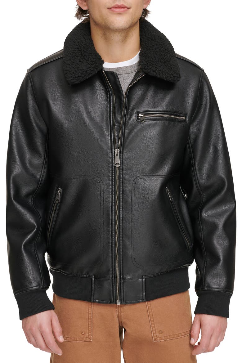 Faux Leather & Faux Shearling Bomber Jacket, Main, color, BLACK