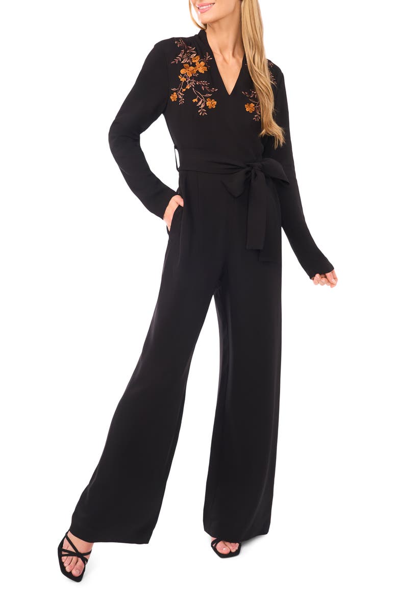 Floral Embroidered Long Sleeve Wide Leg Jumpsuit, Main, color, RICH BLACK