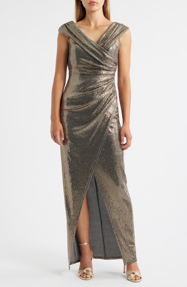 Vince Camuto Foil Knit Draped Off the Shoulder Sheath Gown, Main, color, Bronze