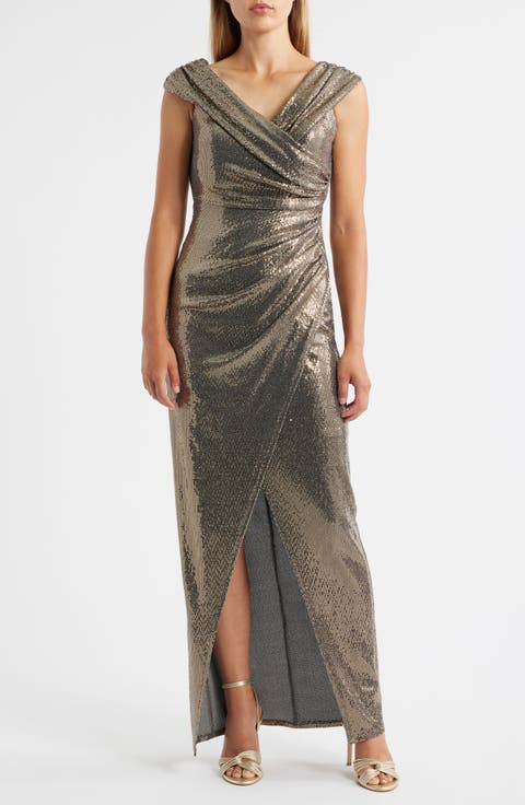 Foil Knit Draped Off the Shoulder Sheath Gown