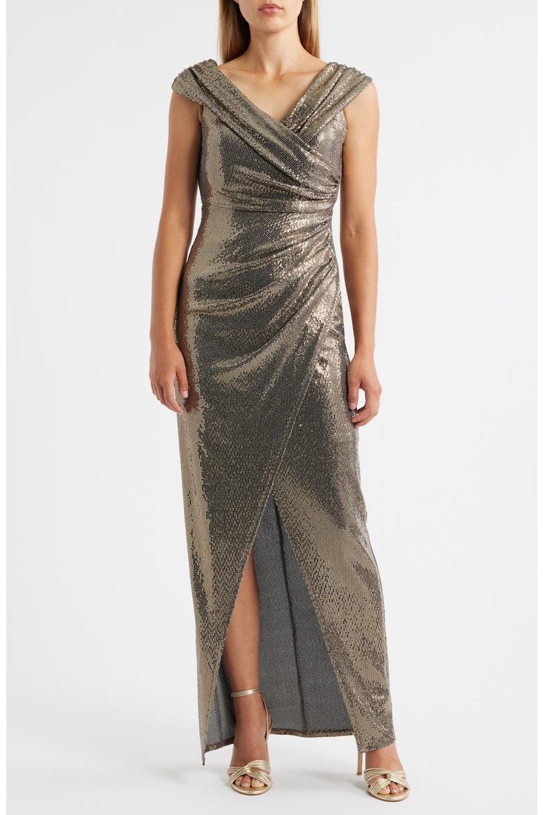 vince camuto off the shoulder long dress Vince Camuto Off-The-Shoulder Dress with Collar Champagne 14 at Amazon Women's Clothing store