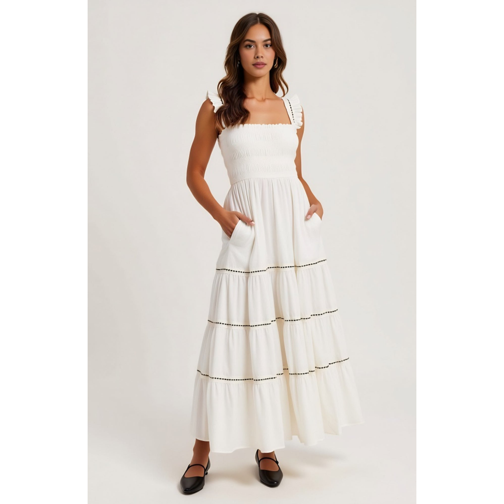 Modenaire Smocked Bodice Tiered Maxi Dress With Ruffle Straps And Trim Details In White