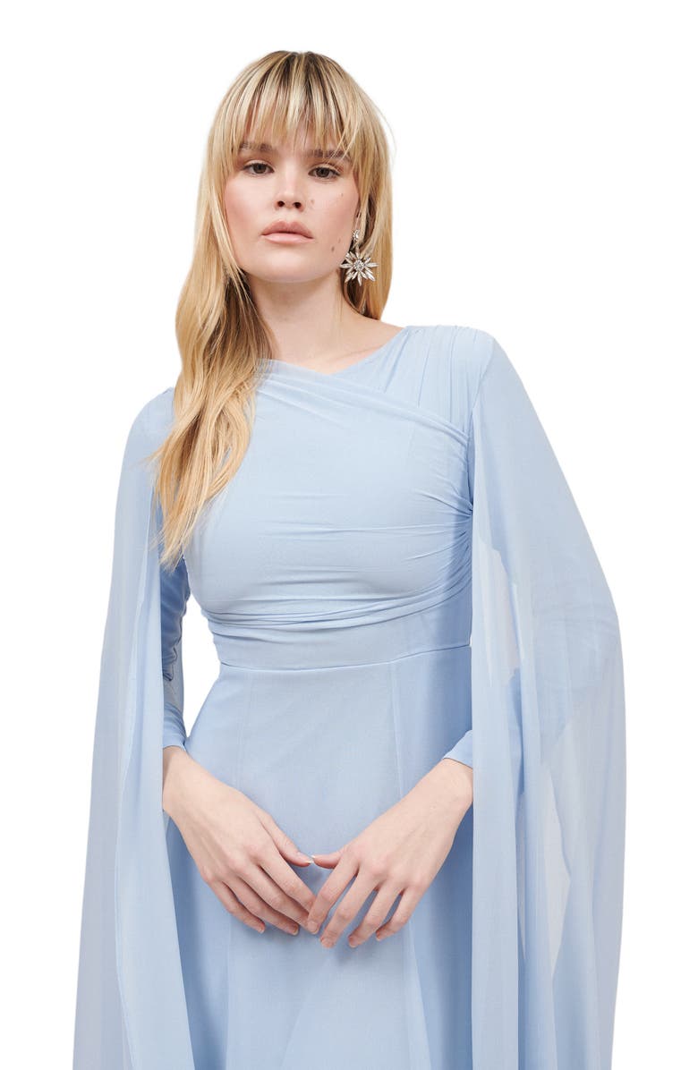 MARYISA Modest Ruffle Mesh Dress Maxi, Alternate, color, Chocolate