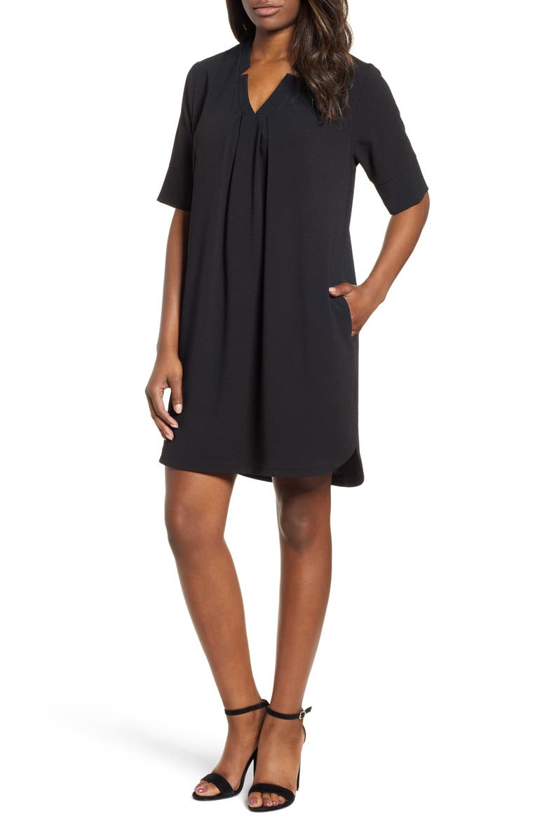 Pleat Front Curved Hem Shirtdress, Main, color, BLACK