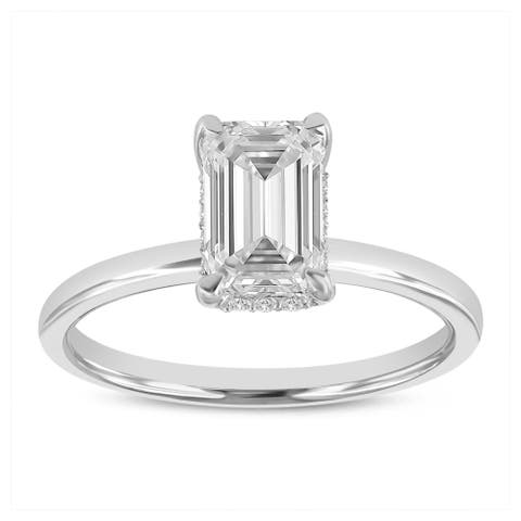 Empress 14K White Gold Emerald Cut Lab Grown Diamond Hidden Halo Engagement Ring - 1.6 ctw