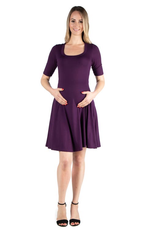 24seven Comfort Apparel Maternity Knee Length A-line Elbow Sleeve Dress In Purple