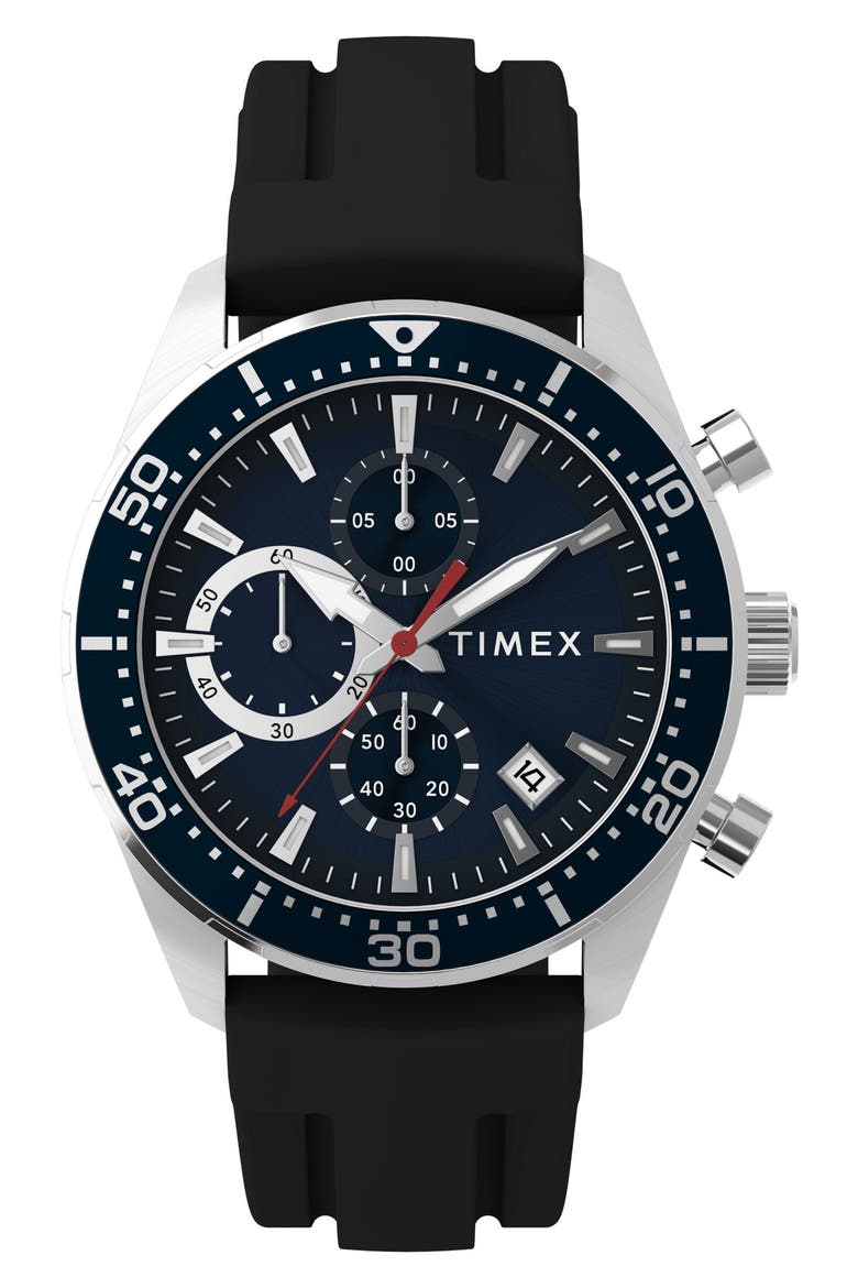 Ridgefield Chronograph Silicone Strap Watch, 42mm, Main, color, MIDNIGHT/ SILVER-TONE
