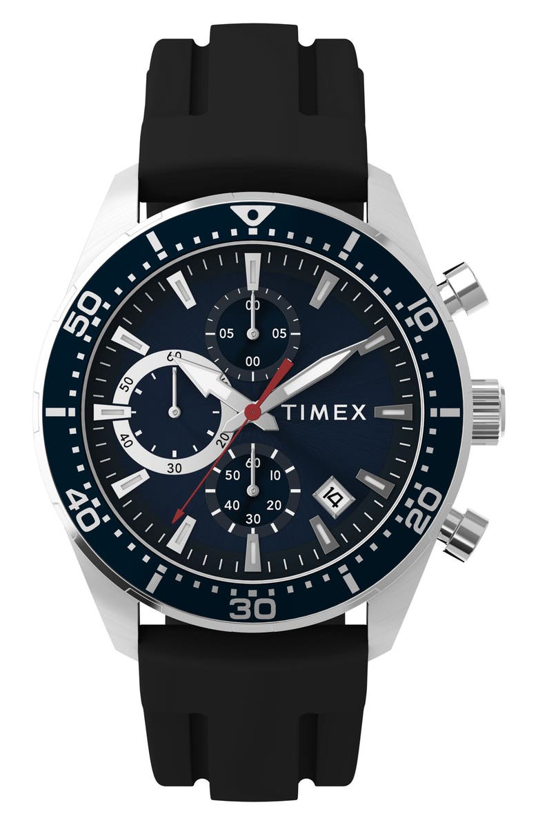 Timex<sup>®</sup> Ridgefield Chronograph Silicone Strap Watch, 42mm, Main, color, Midnight/ Silver-Tone