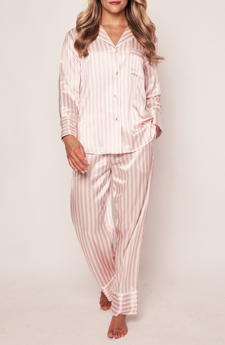 Petite Plume Stripe Mulberry Silk Pajamas, Main, color, Pink