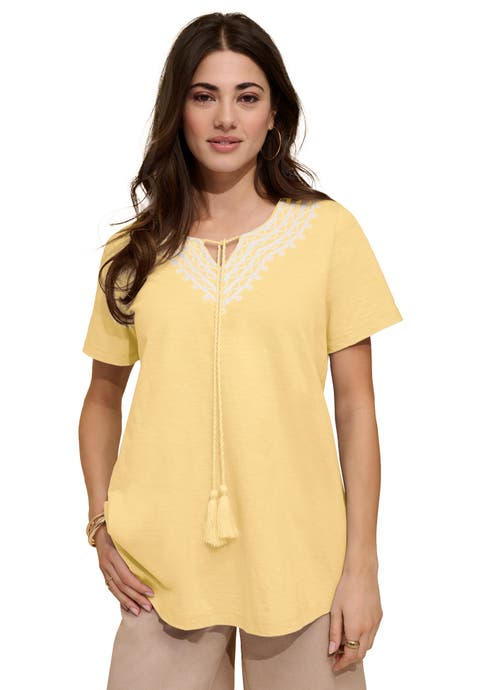 Plus Size Embroidered Notch Neck Tassel Tunic (plus)