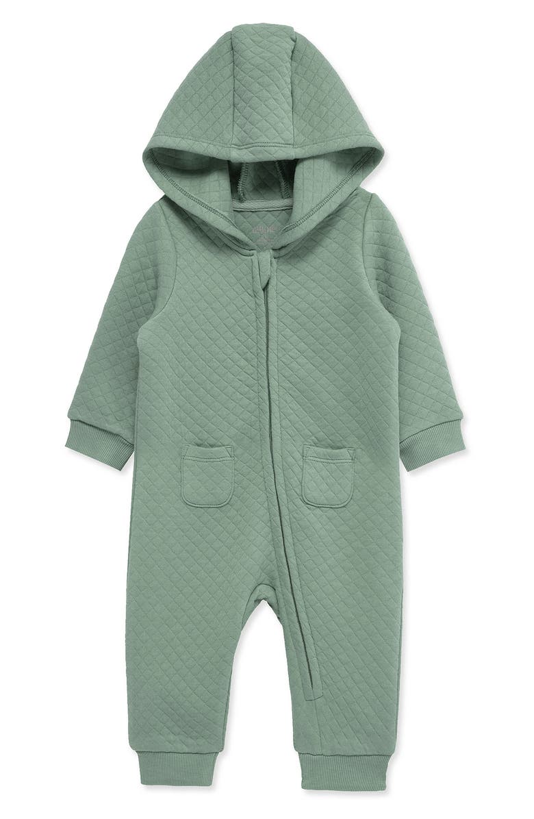 Little Me Hooded Diamond Quilted Romper, Alternate, color, Green