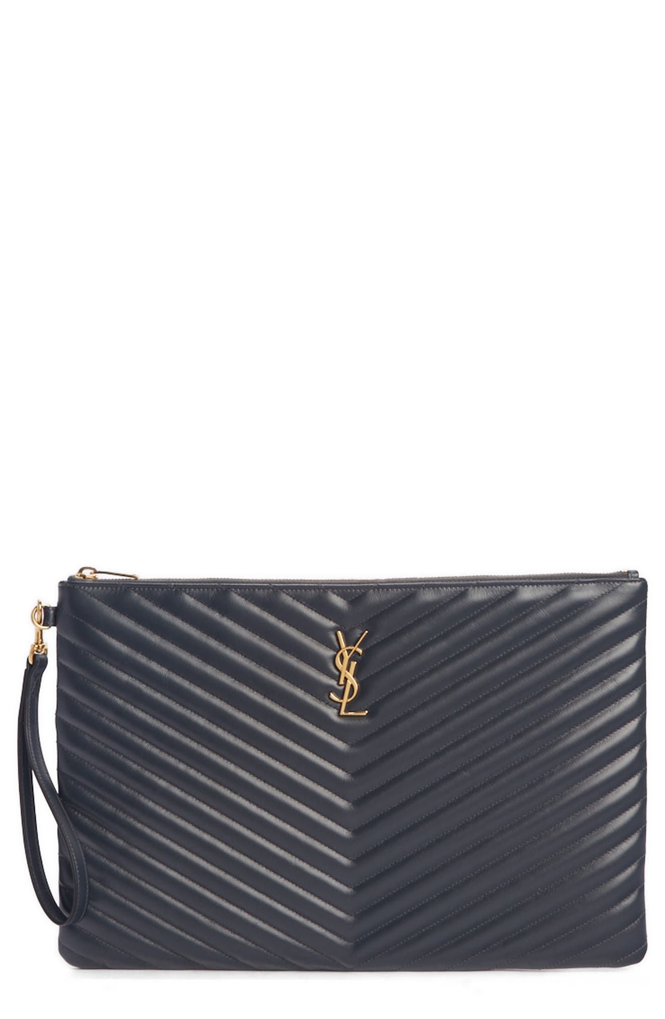 Saint Laurent Large Logo Matelassé Leather Pouch, Main, color, 