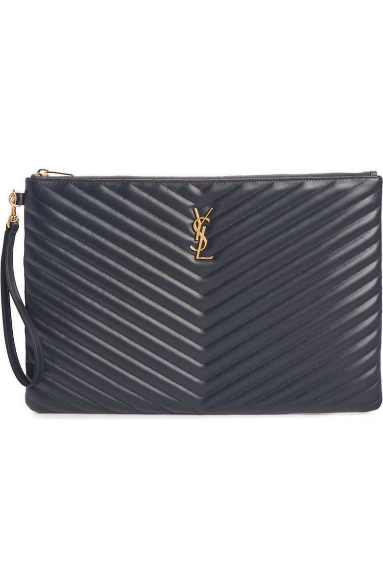 Saint Laurent Large Logo Matelassé Leather Pouch, Main, color,