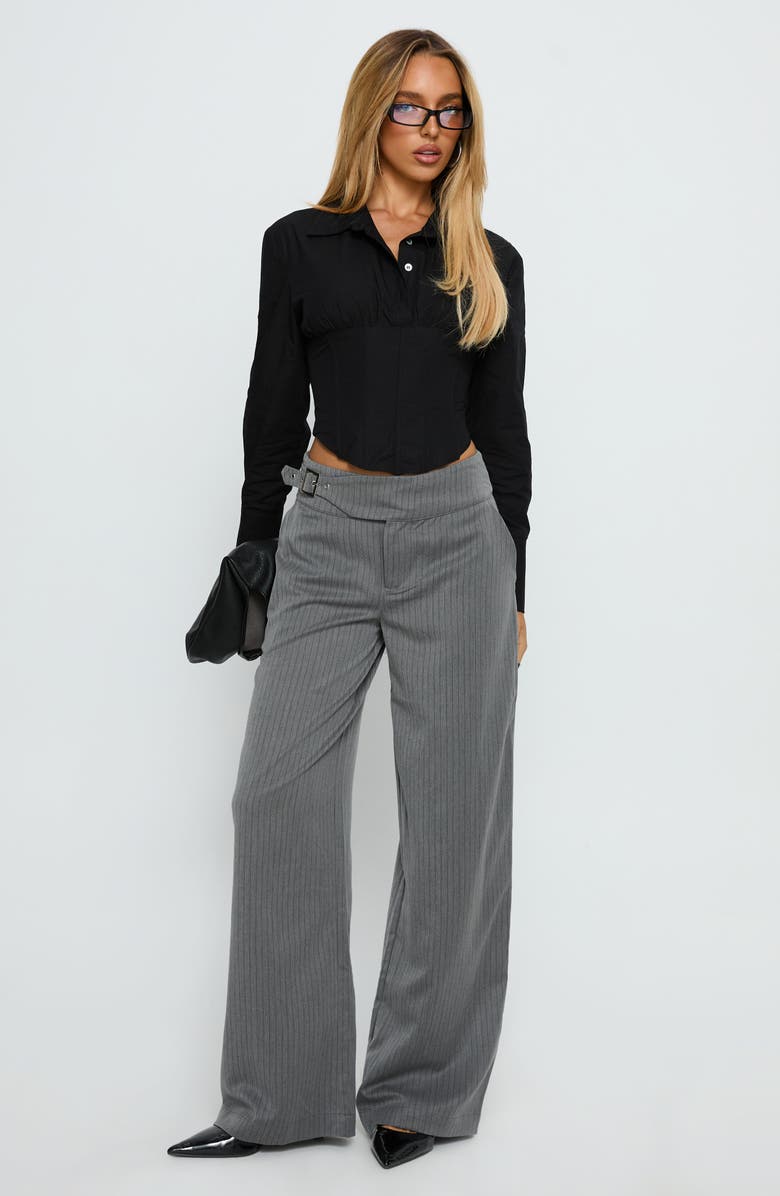 Princess Polly Jinny Pinstripe Buckle Waist Wide Leg Pants, Alternate, color, Grey Pinstripe