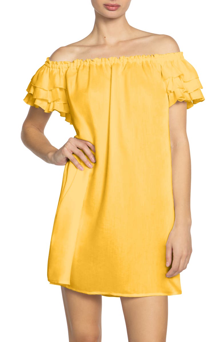 Robin Piccone Summer Ruffle Off the Shoulder Cover-Up Dress, Main, color, Yolk