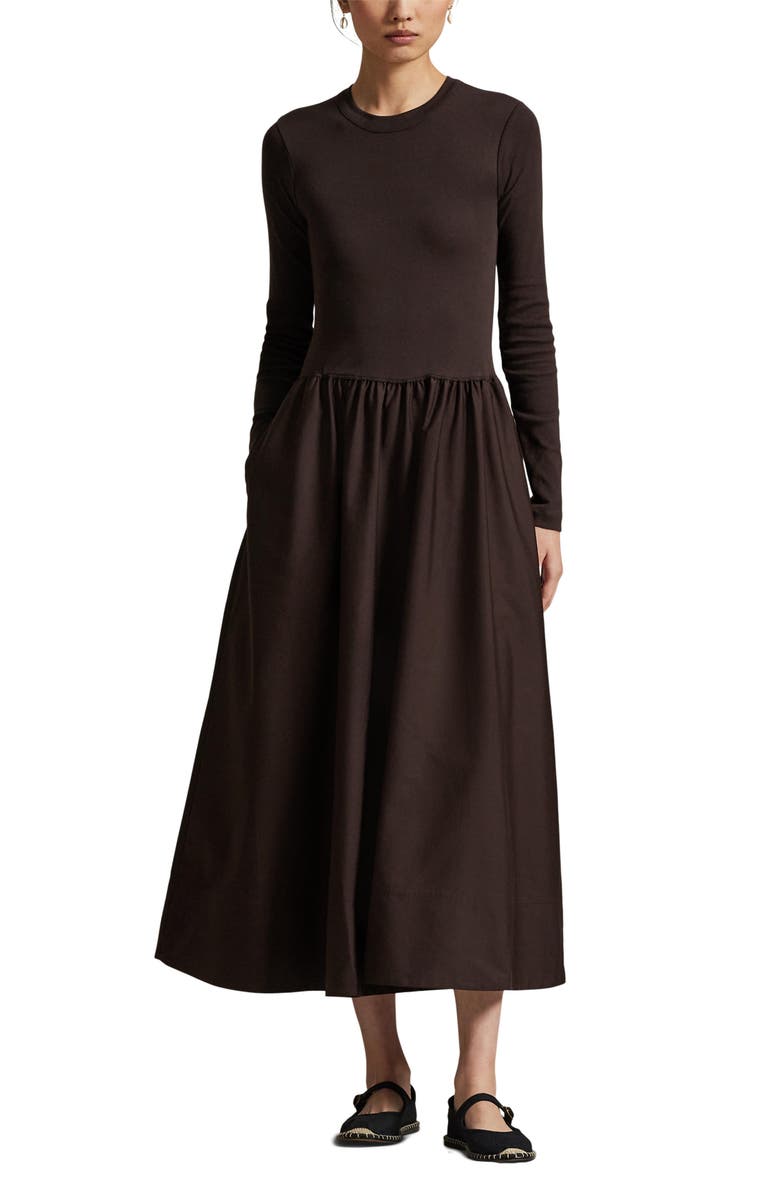 Polo Ralph Lauren Long Sleeve A-Line Dress, Main, color, Squire Brown