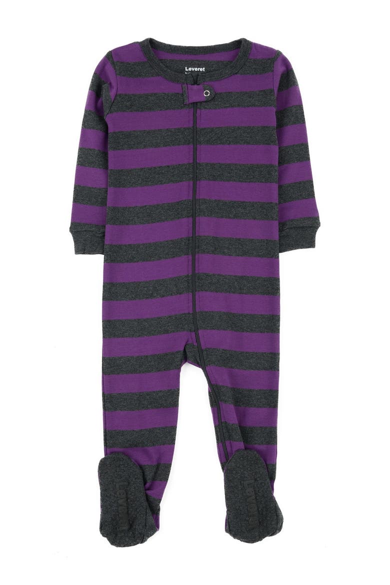 Footed Cotton Pajamas Matching Family Coordinated Stripes, Main, color, PURPLE/GREY