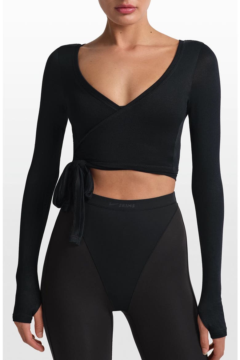 Long Sleeve Stretch Knit Wrap Top, Main, color, OBSIDIAN