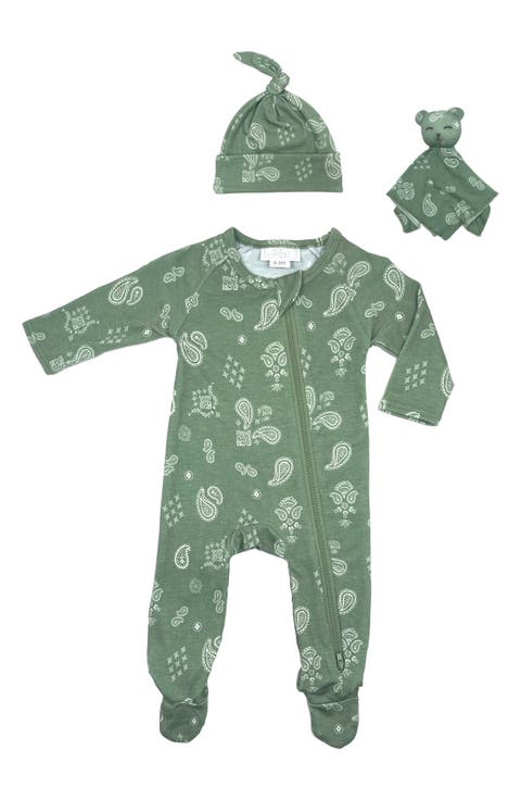 Bandana Print Zip Footie, Hat & Lovey Set (Baby)