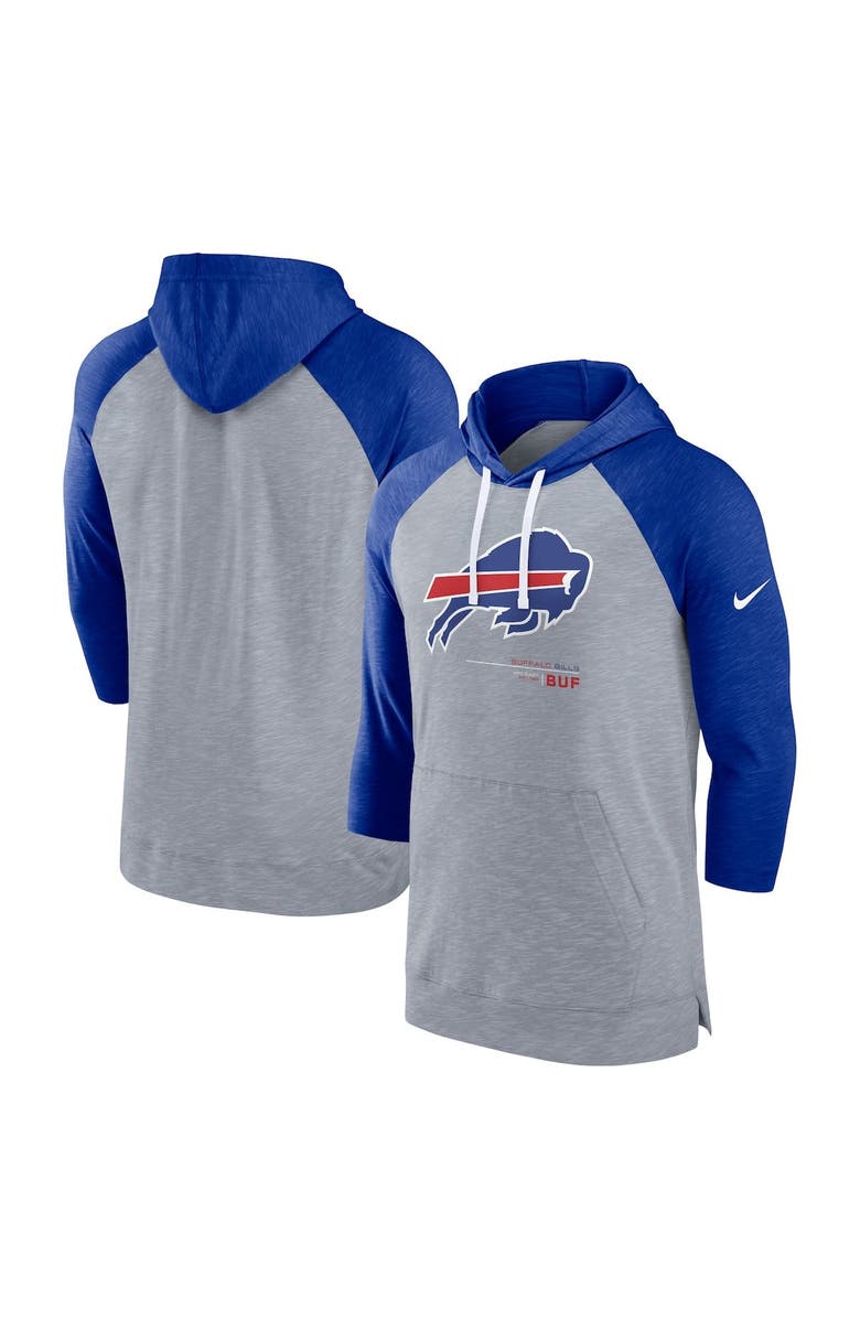 Nike Men's Nike Heather Gray/Heather Royal Buffalo Bills Raglan 3/4-Sleeve Pullover Hoodie, Main, color, Heather Gray