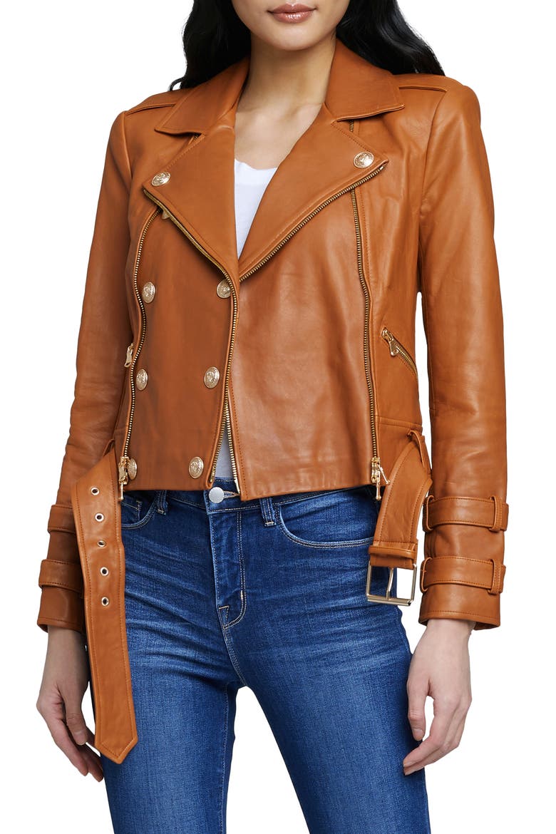 Billie Belted Leather Moto Jacket, Main, color, COGNAC