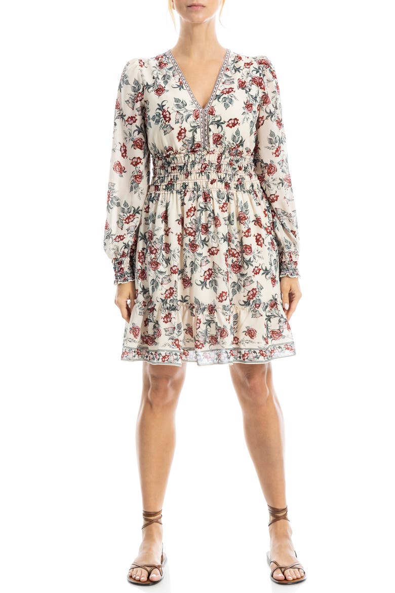 Long Sleeve Smocked Georgette Minidress, Alternate, color, PINK/ RED PASSION BLOOMS