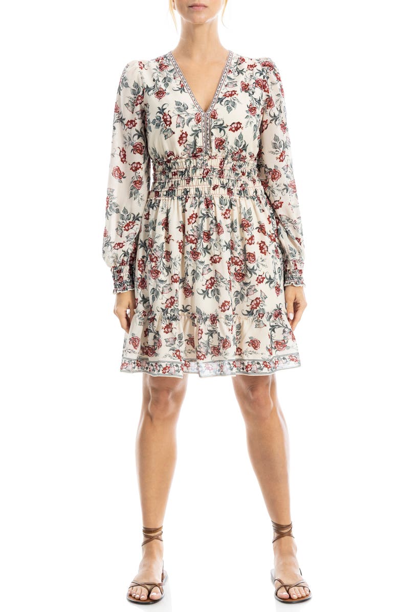 MAX STUDIO Long Sleeve Smocked Georgette Minidress, Alternate, color, Pink/ Red Passion Blooms