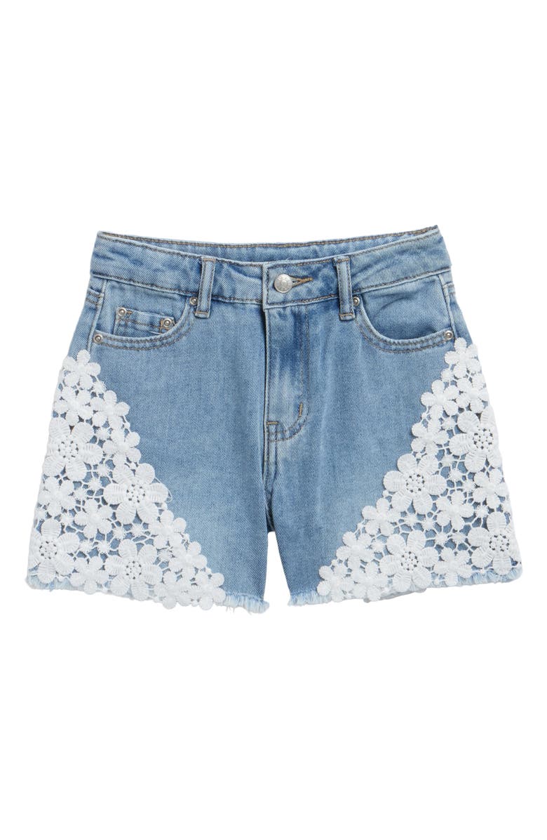 Tractr Kids' Floral Lace Denim Shorts, Main, color, Light Indigo